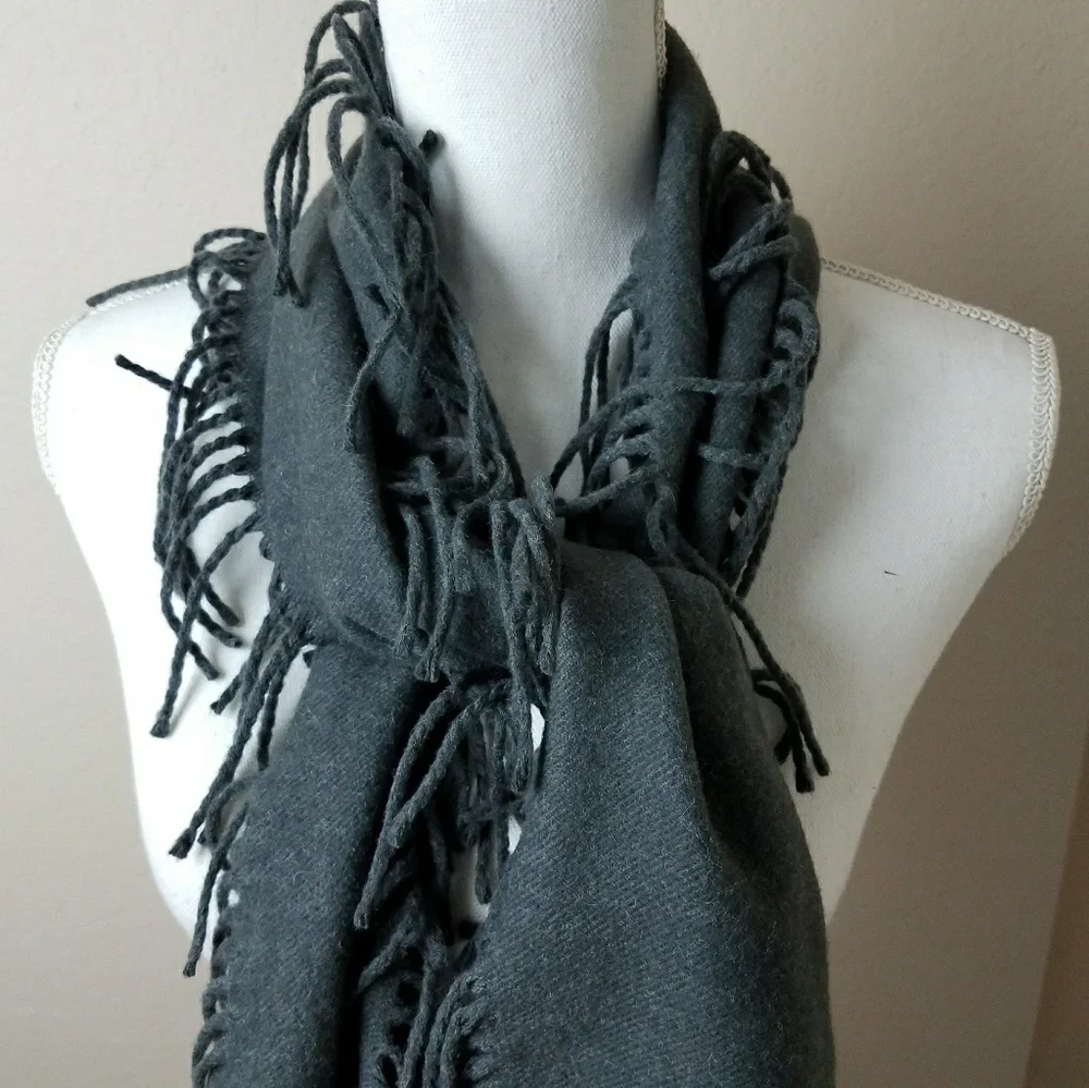Wool Blend Charcoal Grey Scarf Fringe Korean Style